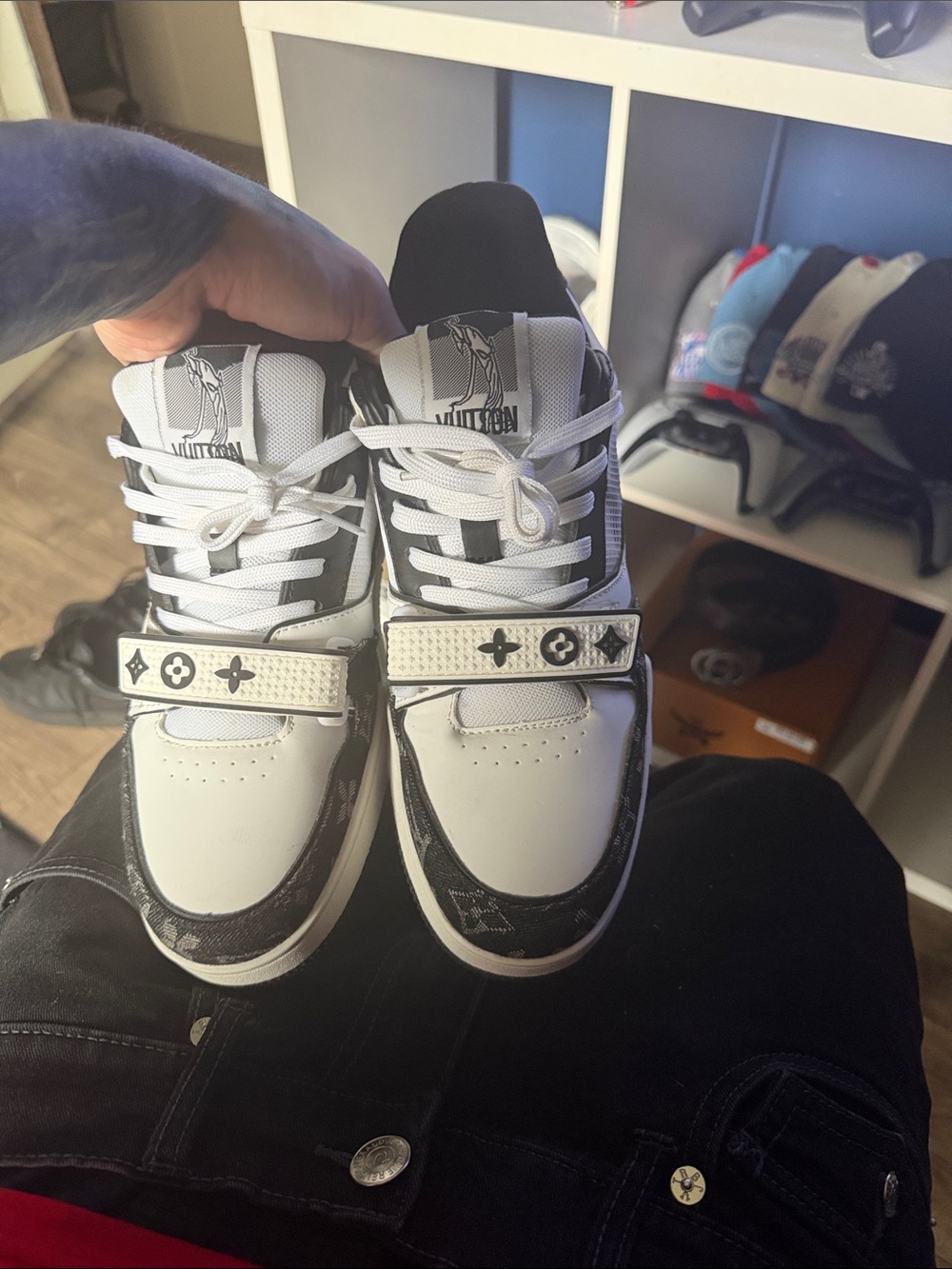 Louis Vuitton Men’s White and Black Low-Top Sneakers with Monogram Strap